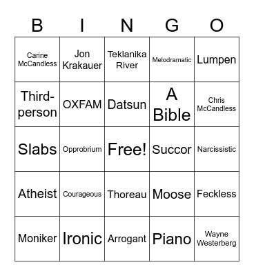 Into the Wild Bingo Card