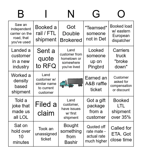 Freight Bingo Card