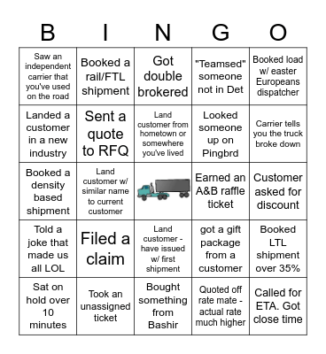 WWEX FREIGHT BINGO Card