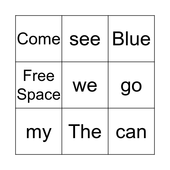 Sight Word Bingo Card