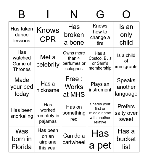 Get to Know You Bingo Card