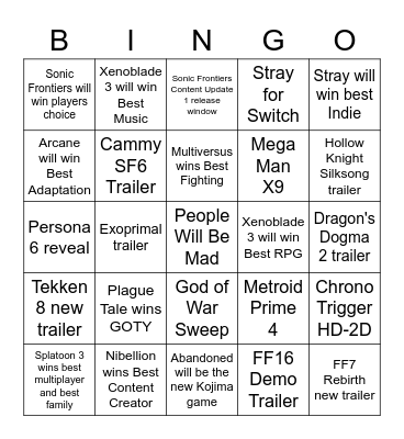 TGA 2022 Bingo Card