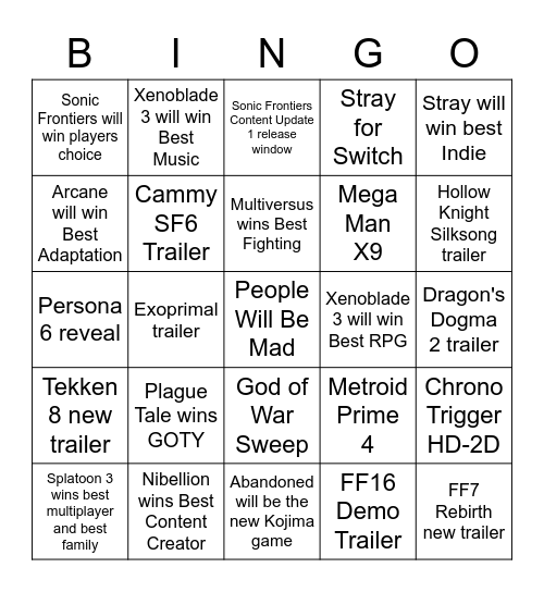 TGA 2022 Bingo Card