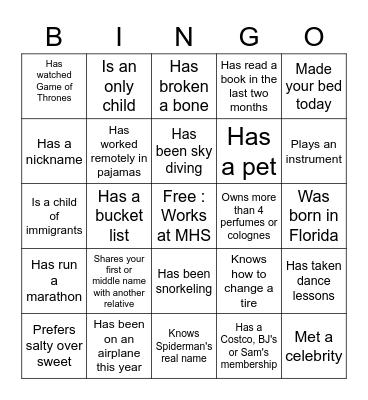 Get to Know You Bingo Card