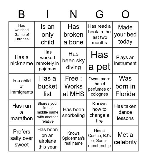 Get to Know You Bingo Card