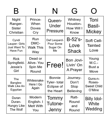 80's Music Bingo Card