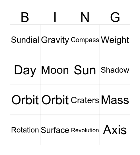 Sun, Earth, Moon Bingo Card