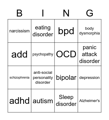 Diagnosis Bingo Card