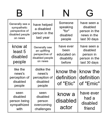 Disability Bingo Card