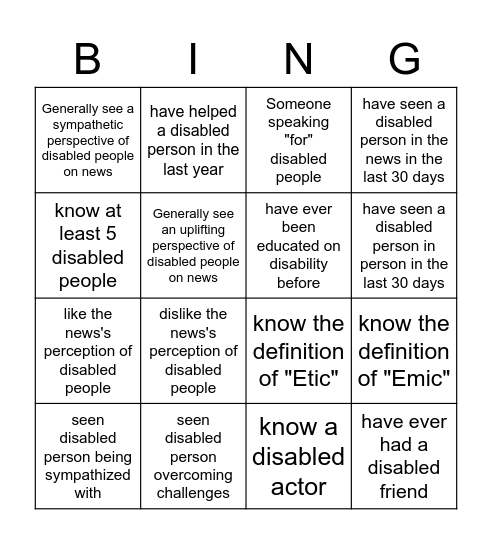 Disability Bingo Card