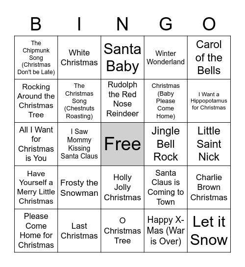 Holiday Songs Bingo Card