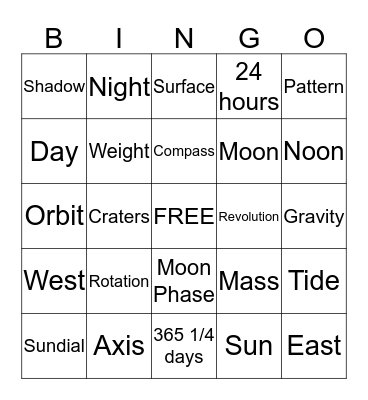 Sun, Earth, Moon Bingo Card