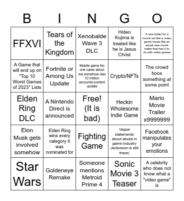 Game Awards Predictions Bingo Card