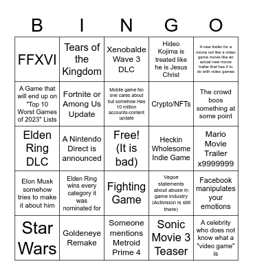Game Awards Predictions Bingo Card