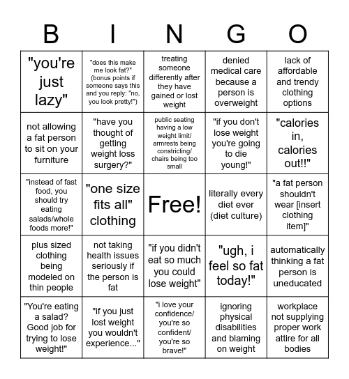 Have you ever said or thought any of these? Have you seen others act on any of these or heard them being said? These are things fat people hear and deal with nearly every day that some may seem well intentioned, but they are deeply rooted in fatphobia. Bingo Card