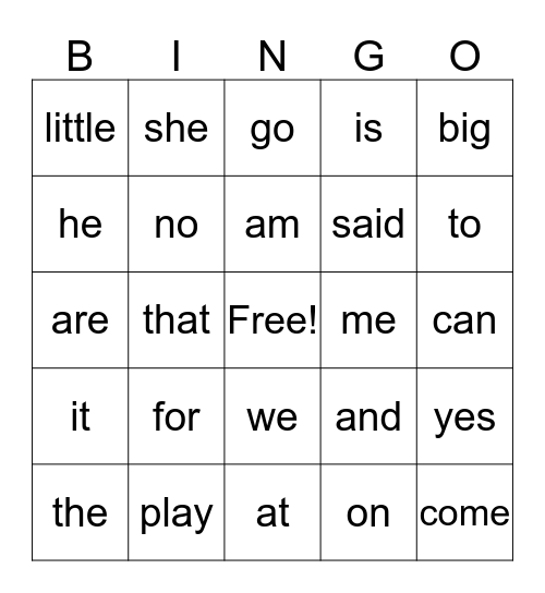 Sightword Bingo Card