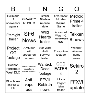 TGA prediction Bingo Card