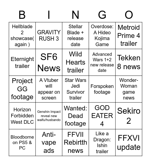 TGA prediction Bingo Card