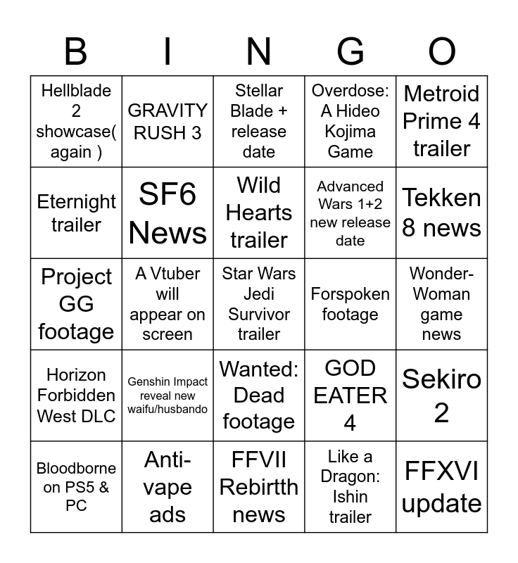 TGA prediction Bingo Card