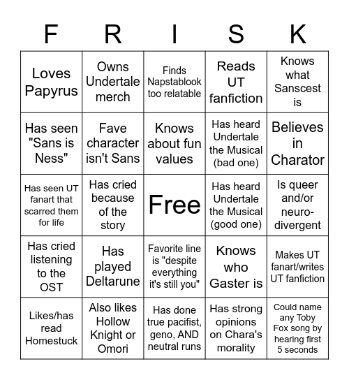 Undertale Bingo Card