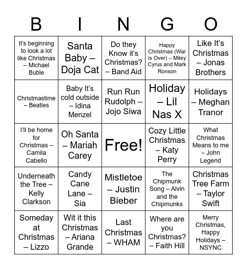Christmas Music Bingo - Top Songs Bingo Card