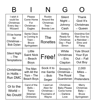 Christmas Music Bingo - Rock Songs Bingo Card