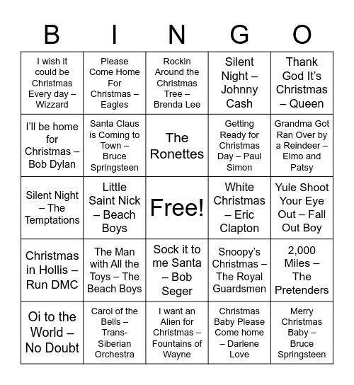 Christmas Music Bingo - Rock Songs Bingo Card