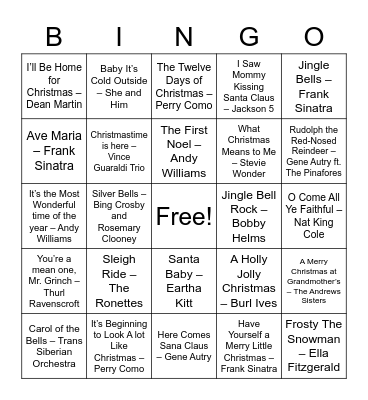 Christmas Music Bingo - Classic Songs Bingo Card