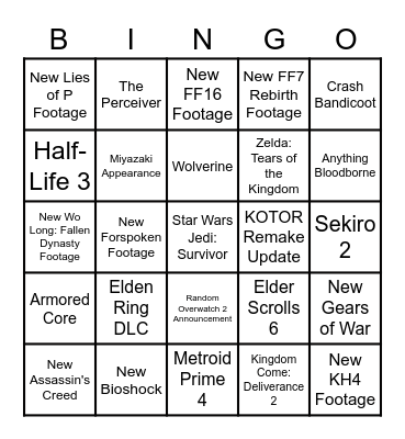 TGA 2022 Bingo Card