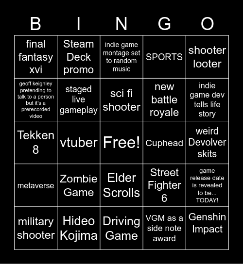 Game Awards Bingo Card