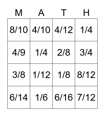 Fraction Bingo Card