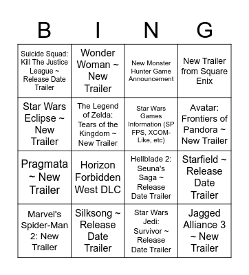 Game Awards 2022 Bingo Card