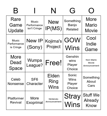 Game Awards Bingo Card