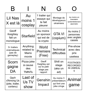 Game Awards 2022 Bingo Card