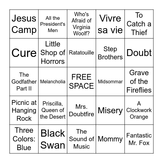 favorite movies Bingo Card