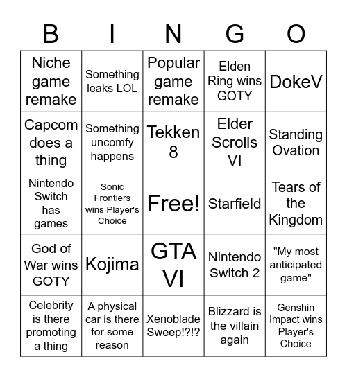 Game Awards 2022 Bingo Card