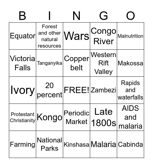 7th Grade Chapter 7 - Central Africa review Bingo Card