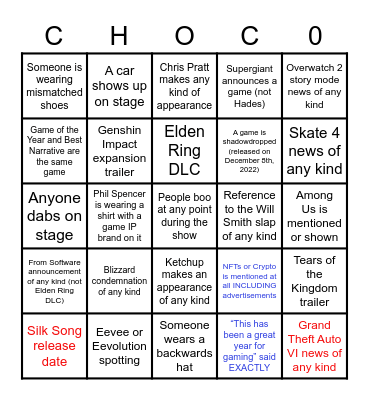 CHOCO Bingo Card