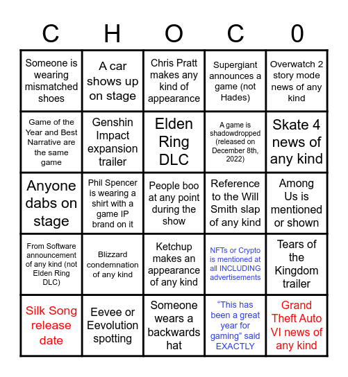 CHOCO Bingo Card