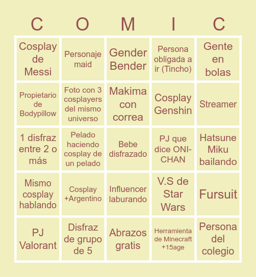 Comic-Con Bingo Card