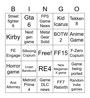 Game Awards 2022 Bingo Card