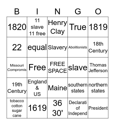 THE MISSOURI COMPROMISE Bingo Card