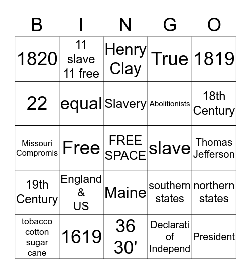 THE MISSOURI COMPROMISE Bingo Card