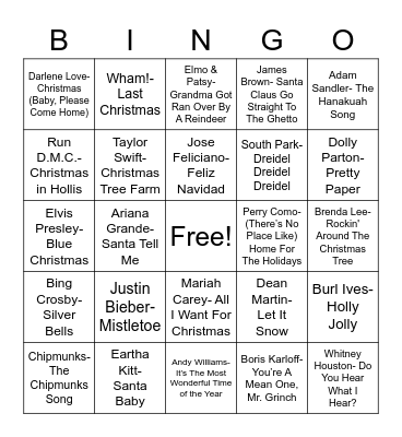 Holiday Pop Music Bingo Card
