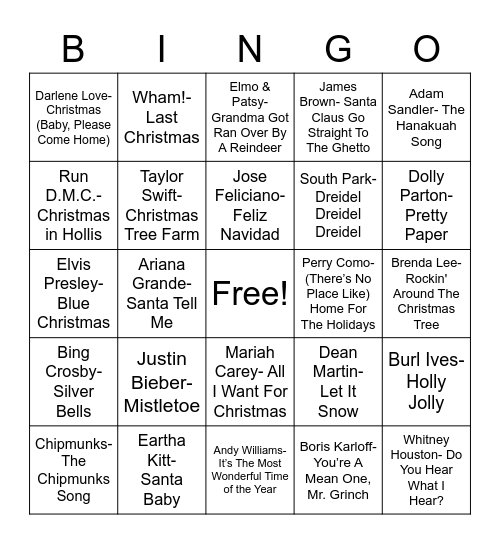 Holiday Pop Music Bingo Card