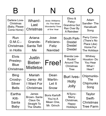 Holiday Pop Music Bingo Card