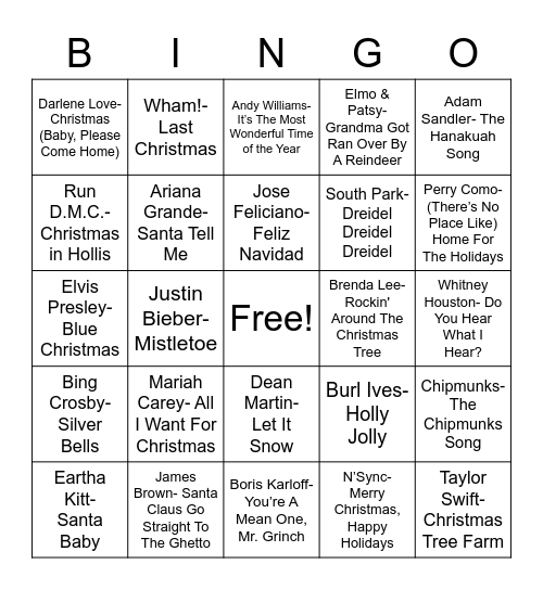 Holiday Pop Music Bingo Card