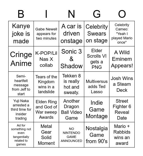 Game Award Bean-Go Bingo Card
