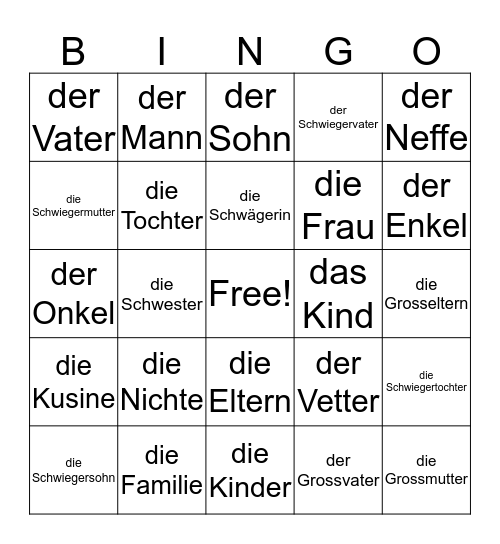die Familie Bingo Card