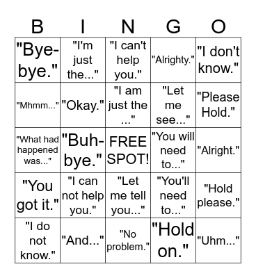 Don't Say It!  Bingo Card
